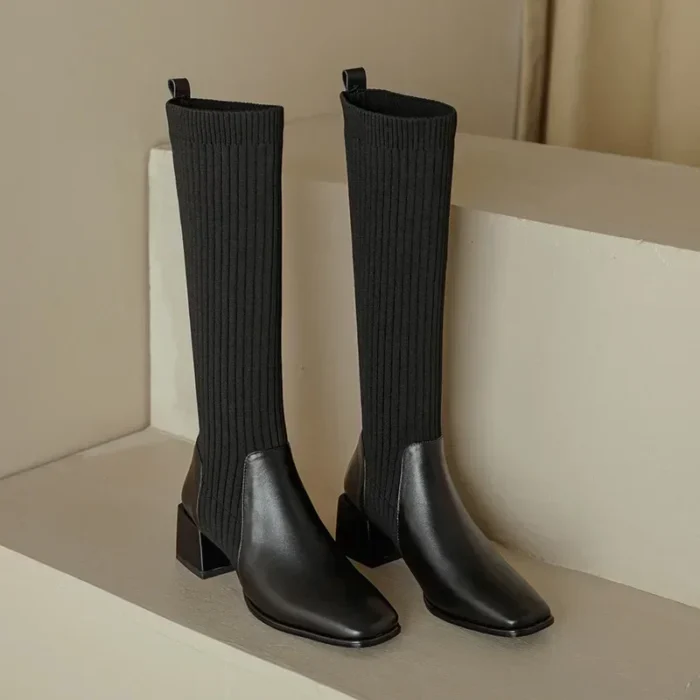 Knee-High Knitted Long Boots for Women – Slip-On High Heels, Retro Elastic Autumn Winter Fashion