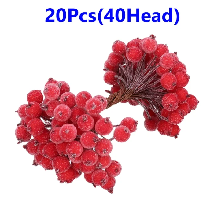 40/20Pcs Artificial Holly Berries Mini Cherry Stamen Berry Frosted Double Head Fake Berries For Christmas