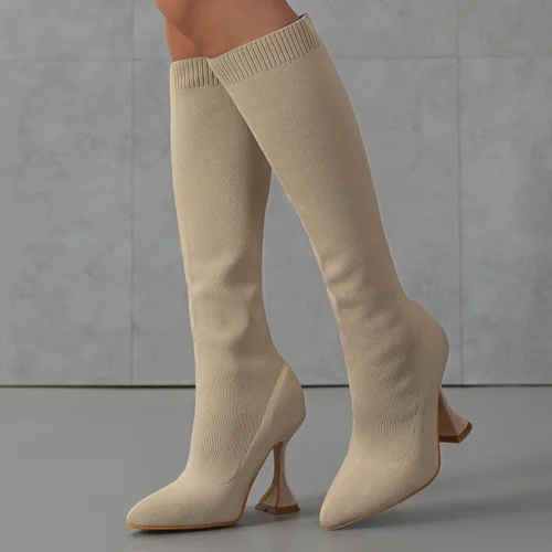 Green Knee-High Stretch Sock Boots for Women – Pointed Toe, Unique Heels, Winter Party Shoes