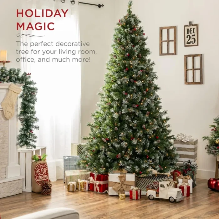 Pre-Lit Hinged Artificial Christmas Tree – Frosted Pine with 818 Flocked Tips, 58 Pine Cones, 58 Berries, 250 Lights