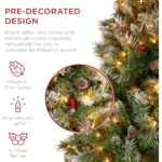 Pre-Lit Hinged Artificial Christmas Tree – Frosted Pine with 818 Flocked Tips, 58 Pine Cones, 58 Berries, 250 Lights