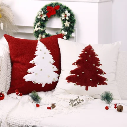 Christmas Tree Embroidery Throw Pillow Cover – 18x18 Golden Bells Decorative Cushion for Home Xmas Decor