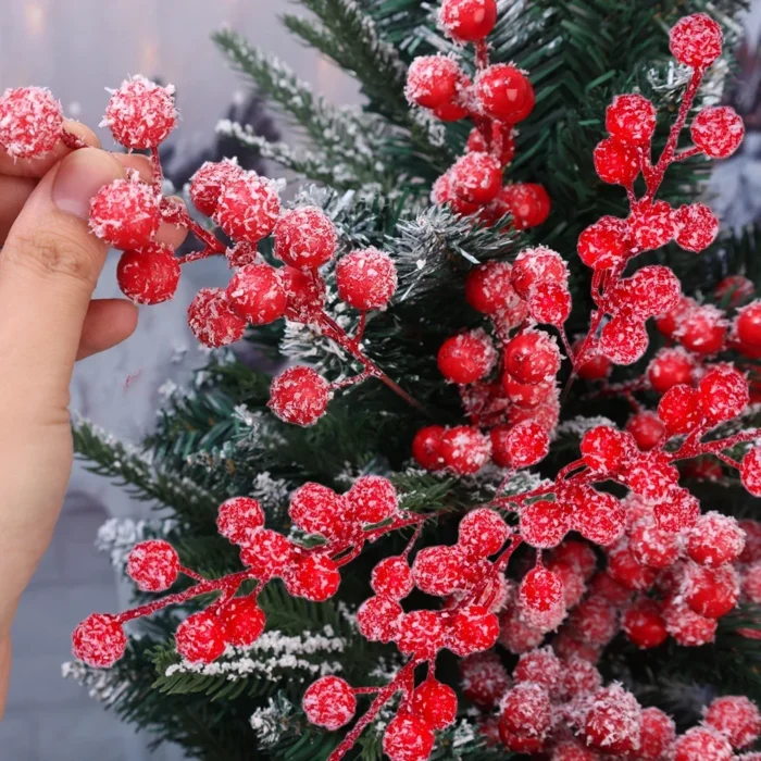 Artificial Holly Berry Picks with Snowflake Glitter – Christmas Tree, Wreath, Craft & Wedding Decor