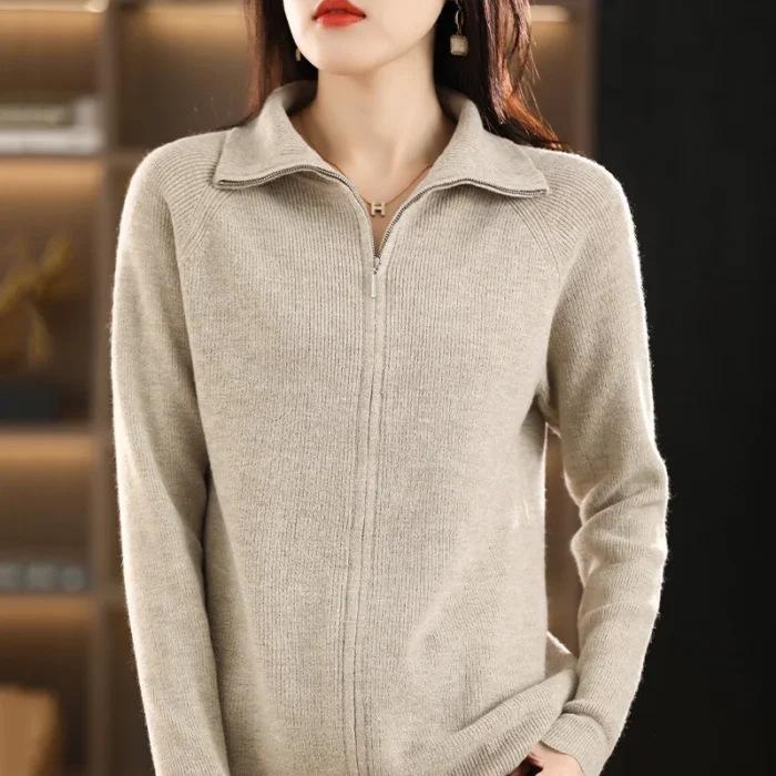 Women's Long Sleeve Knitted Cardigan – Zipper Casual Sweater Jacket