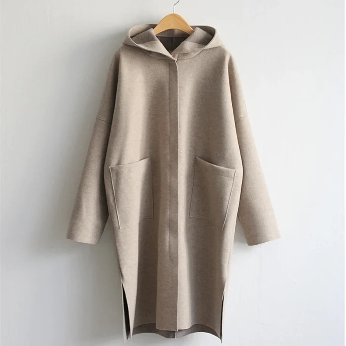 Korean Hooded Wool Coat for Women – Cashmere Open Stitch, Long Sleeve, Loose Fit, Solid Color Windbreaker