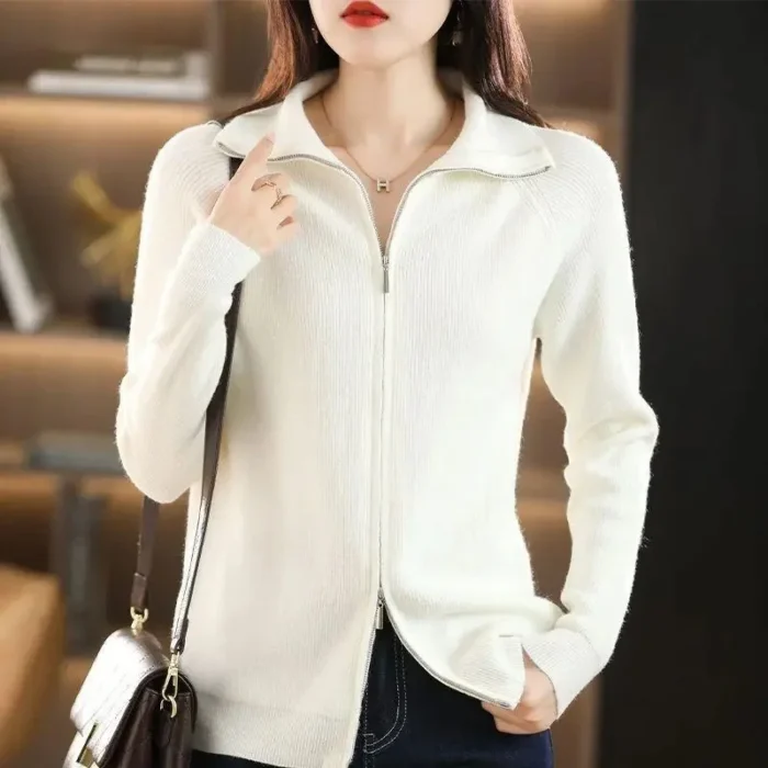 Women's Long Sleeve Knitted Cardigan – Zipper Casual Sweater Jacket