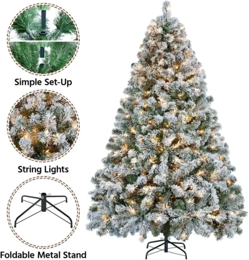 6ft Pre-Lit Snow Flocked Christmas Tree – 250 Warm Incandescent Lights, Foldable Stand