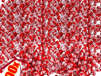 Artificial Holly Berry Picks with Snowflake Glitter – Christmas Tree, Wreath, Craft & Wedding Decor
