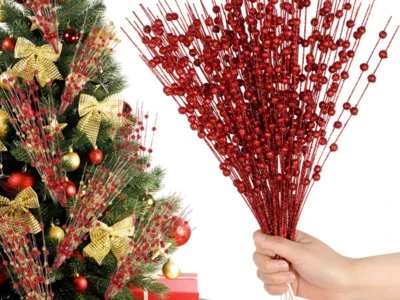 5pcs Artificial Christmas Ornaments Glitter Sequin Red Berries Tree Decor For Home Christmas New Year