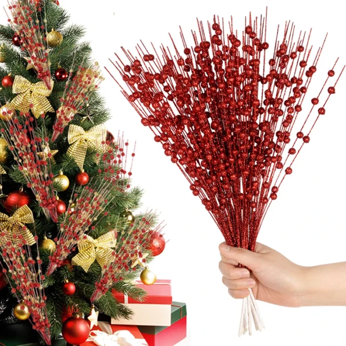 5pcs Artificial Christmas Ornaments Glitter Sequin Red Berries Tree Decor For Home Christmas New Year