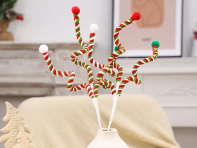 2pcs Red Green White Plush Candy Cane – Lifelike Artificial Branches for DIY Christmas Decor