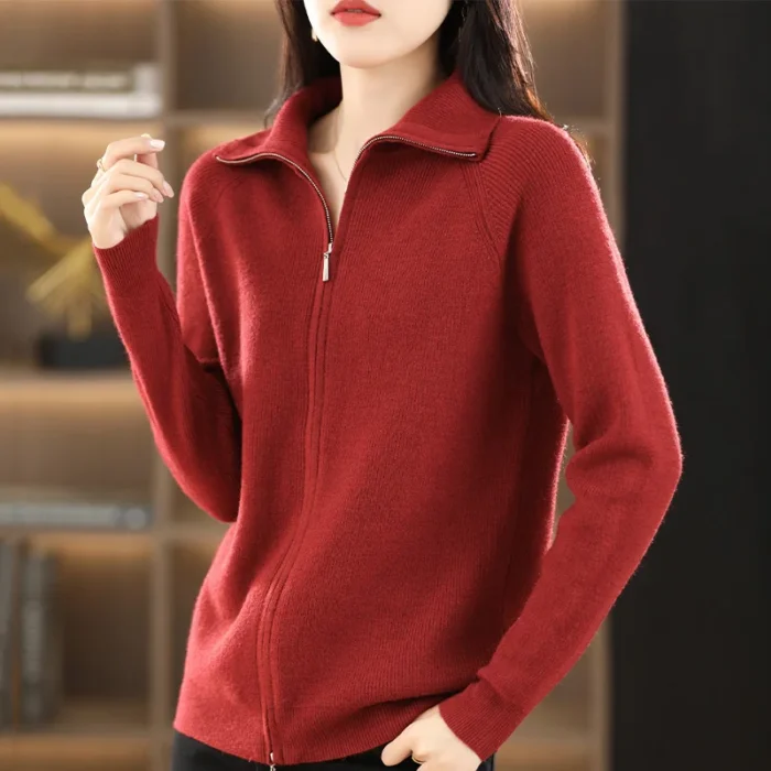 Women's Long Sleeve Knitted Cardigan – Zipper Casual Sweater Jacket