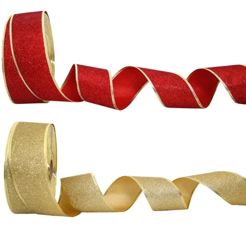 200cm Glitter Decorative Ribbons – Red, Silver, Gold Wired Ribbon for Christmas Crafts & Bows