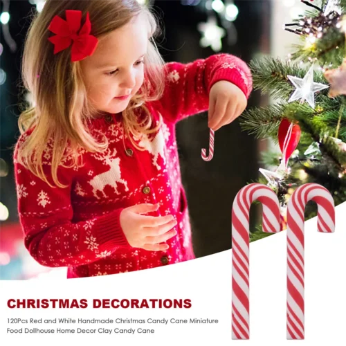 120Pcs Red and White Handmade Christmas Candy Cane Miniature Food Home Decor Clay Candy Cane