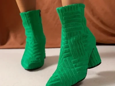 Women's Winter Green Pointed Ankle Boots – Denim Square Heel, Side Zipper