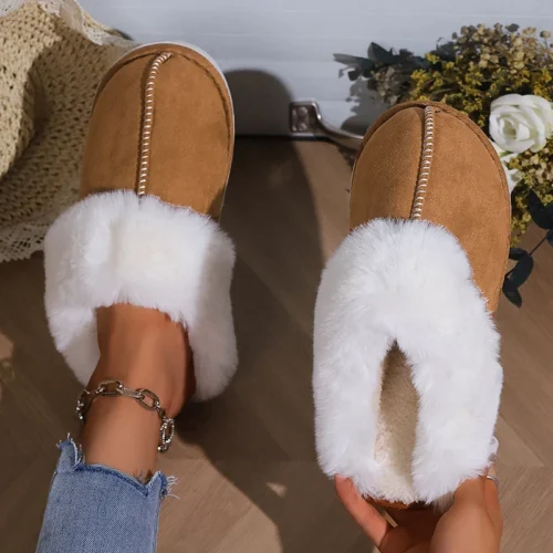 Women’s Winter Faux Suede Slippers – Closed Toe, Warm Fur, Soft Sole House Shoes for Comfort