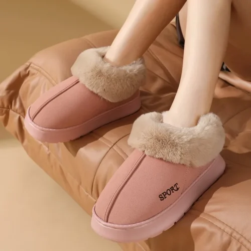 Women’s Pink Faux Fur Snow Boots – Non-Slip Thick Sole, Faux Suede, Short Plush, Cotton-Padded Winter Shoes