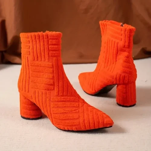 Women's Winter Green Pointed Ankle Boots – Denim Square Heel, Side Zipper