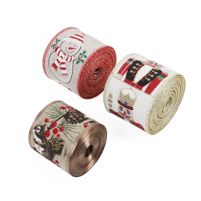 10 Yards Christmas Snowman Ribbon – Printed Fabric with Snowflakes, Wired Edge for DIY Gift Wrapping & Wreath Bows