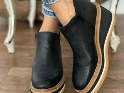 Women's Fashion Boots – Round Toe, High Heel, Zip Closure, Autumn Winter Cowboy Wedge Style