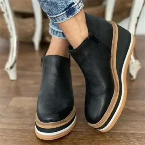 Women's Fashion Boots – Round Toe, High Heel, Zip Closure, Autumn Winter Cowboy Wedge Style