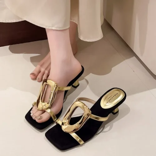 Women's Summer High Heel Slippers – Open Toe, Square Head, Thin Straps, Casual Comfort