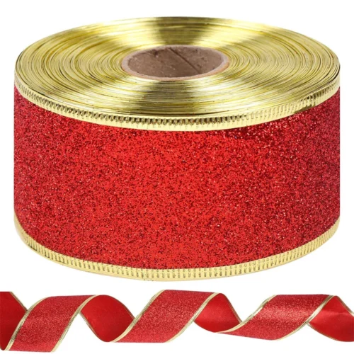 2m Glitter Decorative Ribbons – Pink, Red, Silver, Gold Wired Ribbon for Christmas DIY Crafts & Bows