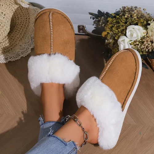 Women’s Winter Faux Suede Slippers – Closed Toe, Warm Fur, Soft Sole House Shoes for Comfort