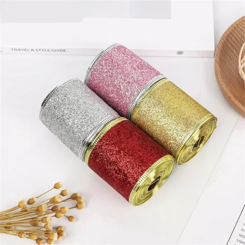 2m Glitter Decorative Ribbons – Pink, Red, Silver, Gold Wired Ribbon for Christmas DIY Crafts & Bows
