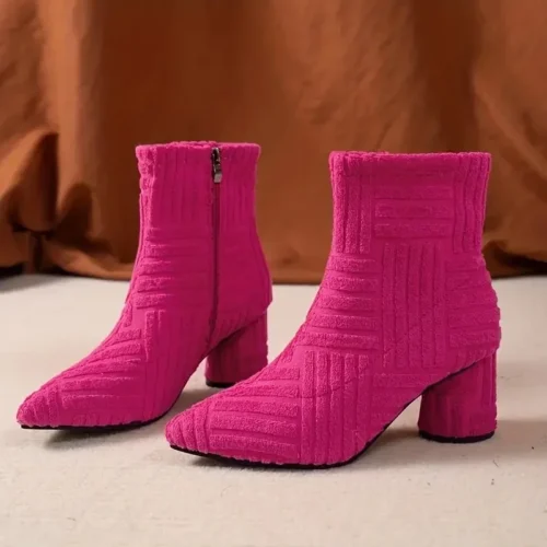 Women's Winter Green Pointed Ankle Boots – Denim Square Heel, Side Zipper