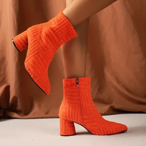 Women's Winter Green Pointed Ankle Boots – Denim Square Heel, Side Zipper