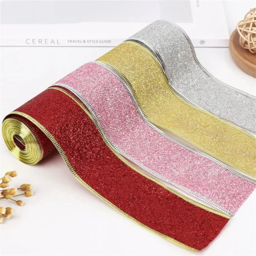 2m Glitter Decorative Ribbons – Pink, Red, Silver, Gold Wired Ribbon for Christmas DIY Crafts & Bows