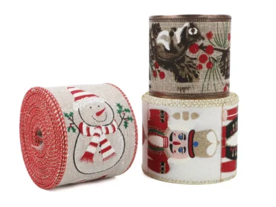 10 Yards Christmas Snowman Ribbon – Printed Fabric with Snowflakes, Wired Edge for DIY Gift Wrapping & Wreath Bows