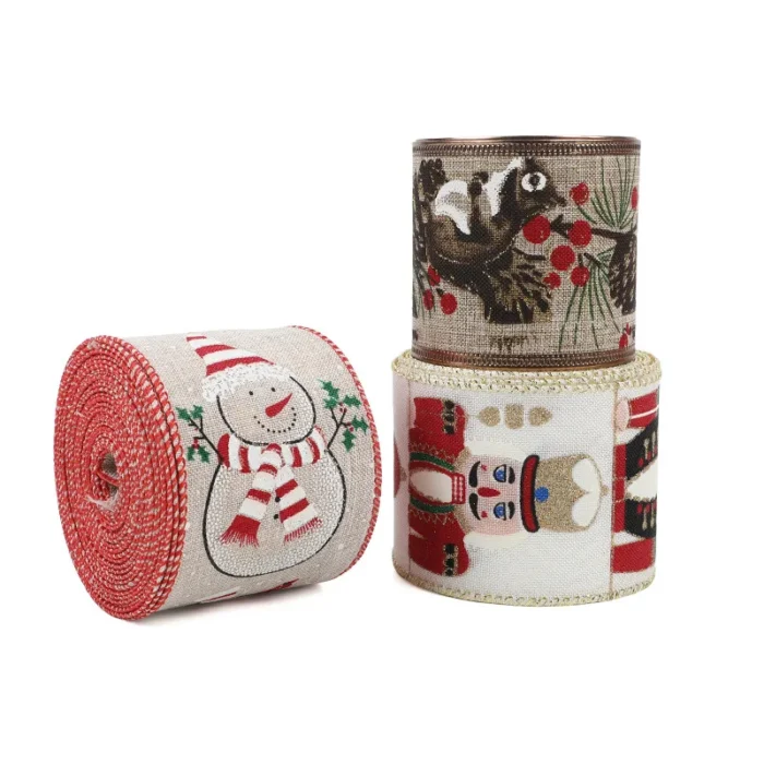 10 Yards Christmas Snowman Ribbon – Printed Fabric with Snowflakes, Wired Edge for DIY Gift Wrapping & Wreath Bows