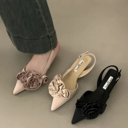 Women's Flower Slingback Sandals – Elegant Dress Mules, Thin Low-Heel Fashion