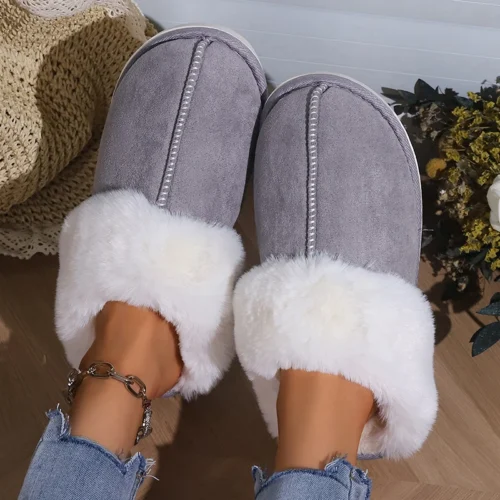 Women’s Winter Faux Suede Slippers – Closed Toe, Warm Fur, Soft Sole House Shoes for Comfort