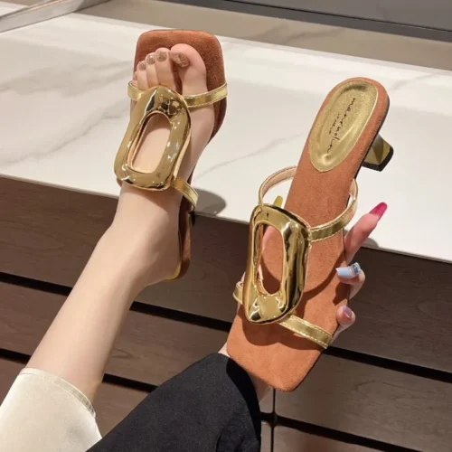 Women's Summer High Heel Slippers – Open Toe, Square Head, Thin Straps, Casual Comfort