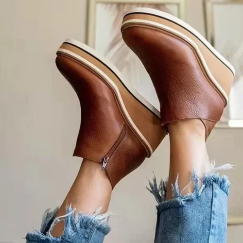 Women's Fashion Boots – Round Toe, High Heel, Zip Closure, Autumn Winter Cowboy Wedge Style