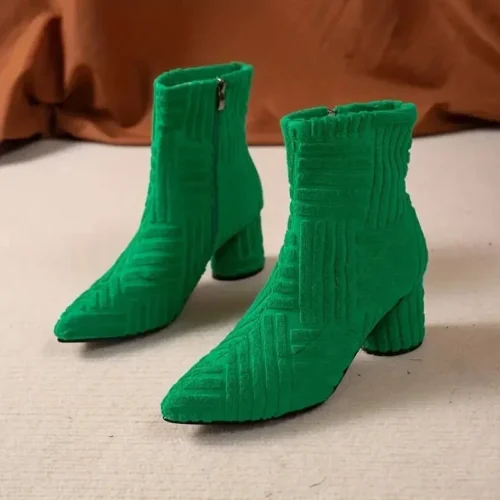 Women's Winter Green Pointed Ankle Boots – Denim Square Heel, Side Zipper
