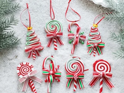 Creative Red, White & Green Candy Pendant – Soft Ceramic Stick Ornament for Christmas Decor