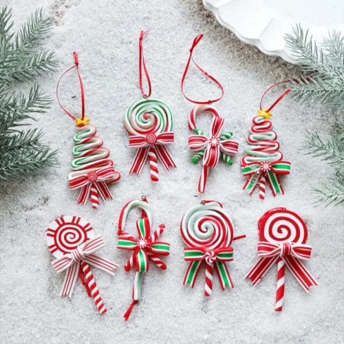 Creative Red, White & Green Candy Pendant – Soft Ceramic Stick Ornament for Christmas Decor