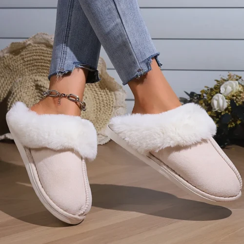 Women’s Winter Faux Suede Slippers – Closed Toe, Warm Fur, Soft Sole House Shoes for Comfort