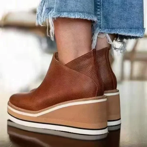 Women's Fashion Boots – Round Toe, High Heel, Zip Closure, Autumn Winter Cowboy Wedge Style