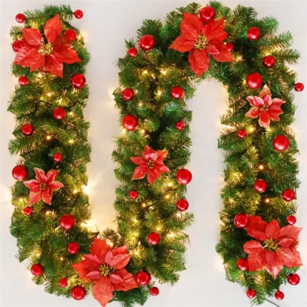 2.7m LED Christmas Rattan Garland – Lighted Wreath for Door Hanging, Artificial Xmas Tree & Fireplace Decor