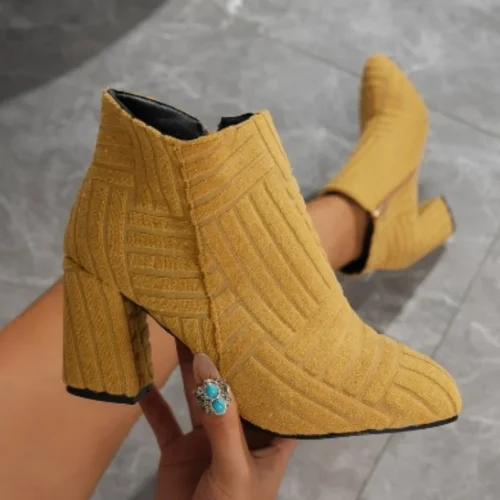 Women's Winter Green Pointed Ankle Boots – Denim Square Heel, Side Zipper