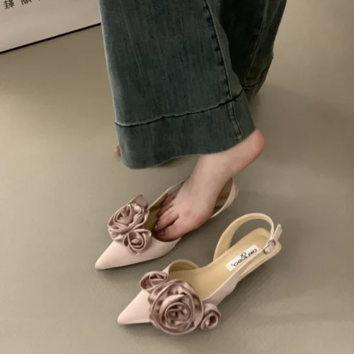Women's Flower Slingback Sandals – Elegant Dress Mules, Thin Low-Heel Fashion
