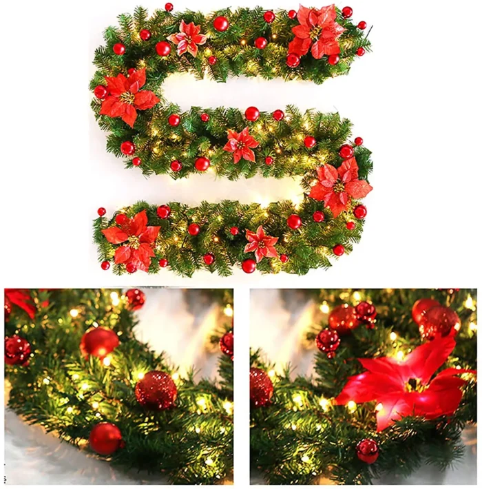 2.7m LED Christmas Rattan Garland – Lighted Wreath for Door Hanging, Artificial Xmas Tree & Fireplace Decor