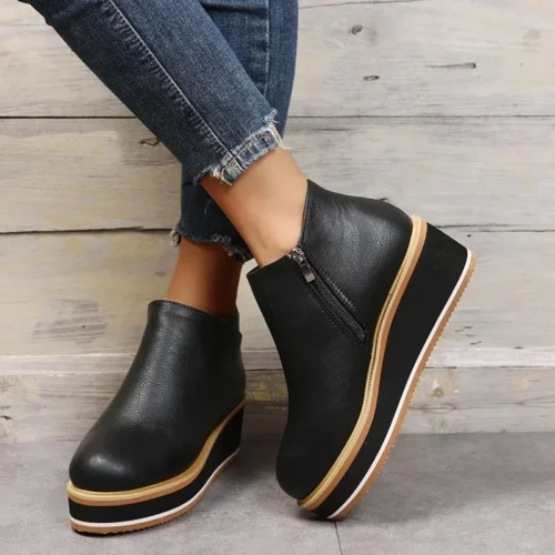 Women's Fashion Boots – Round Toe, High Heel, Zip Closure, Autumn Winter Cowboy Wedge Style