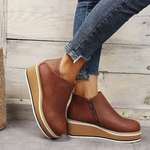 Women's Fashion Boots – Round Toe, High Heel, Zip Closure, Autumn Winter Cowboy Wedge Style