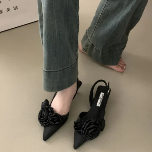 Women's Flower Slingback Sandals – Elegant Dress Mules, Thin Low-Heel Fashion